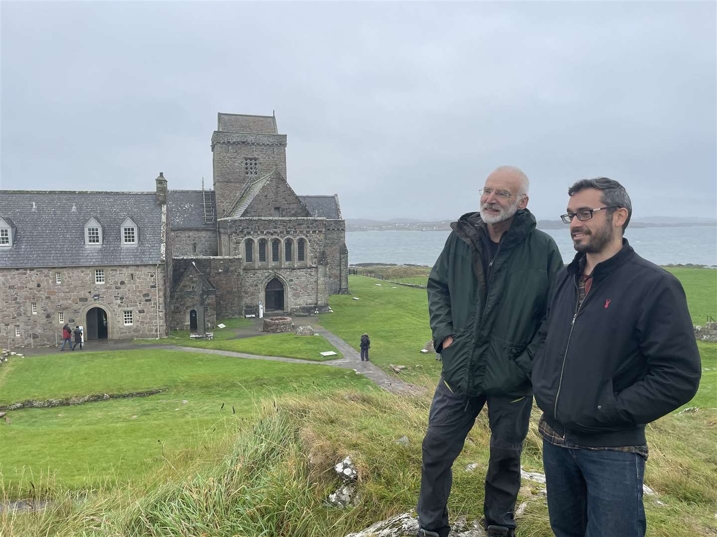 Archaeologists Dr Ewan Campbell & Dr Adrián Maldonado, at the site of Columba's Cell, in grounds of Iona Abbey.