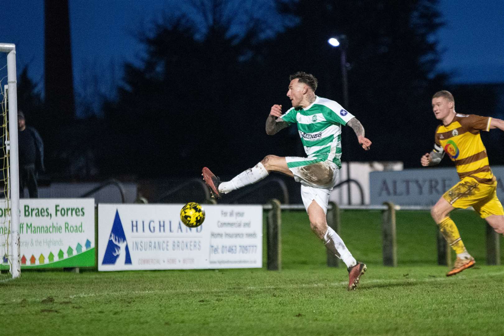 Darryl McHardy claimed a touch on this cross from Jack MacIver, which founds its way into the net for Buckie's third ..Forres Mechanics FC (1) vs Buckie Thistle FC (8) - Highland Football League 23/24 - Mosset Park, Forres 30/12/2023...Picture: Daniel Forsyth..