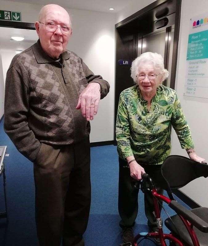 Charlie and Margaret with the recovered gold wedding band of 64 years.