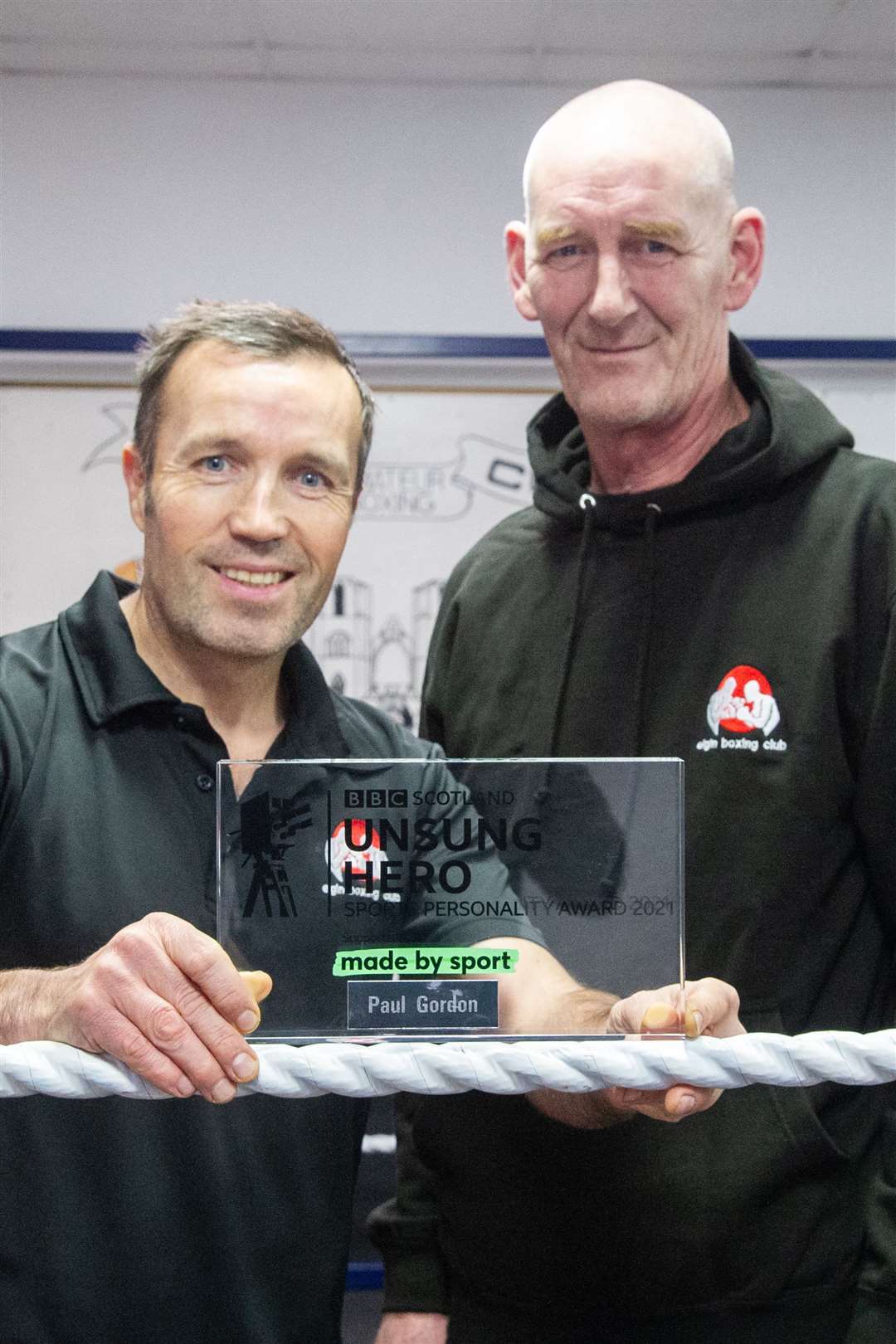 Paul Gordon with fellow Elgin Amateur Boxing Club coach Iain Goldie and his BBC Sports Personality of the Year awards...Picture: Daniel Forsyth..