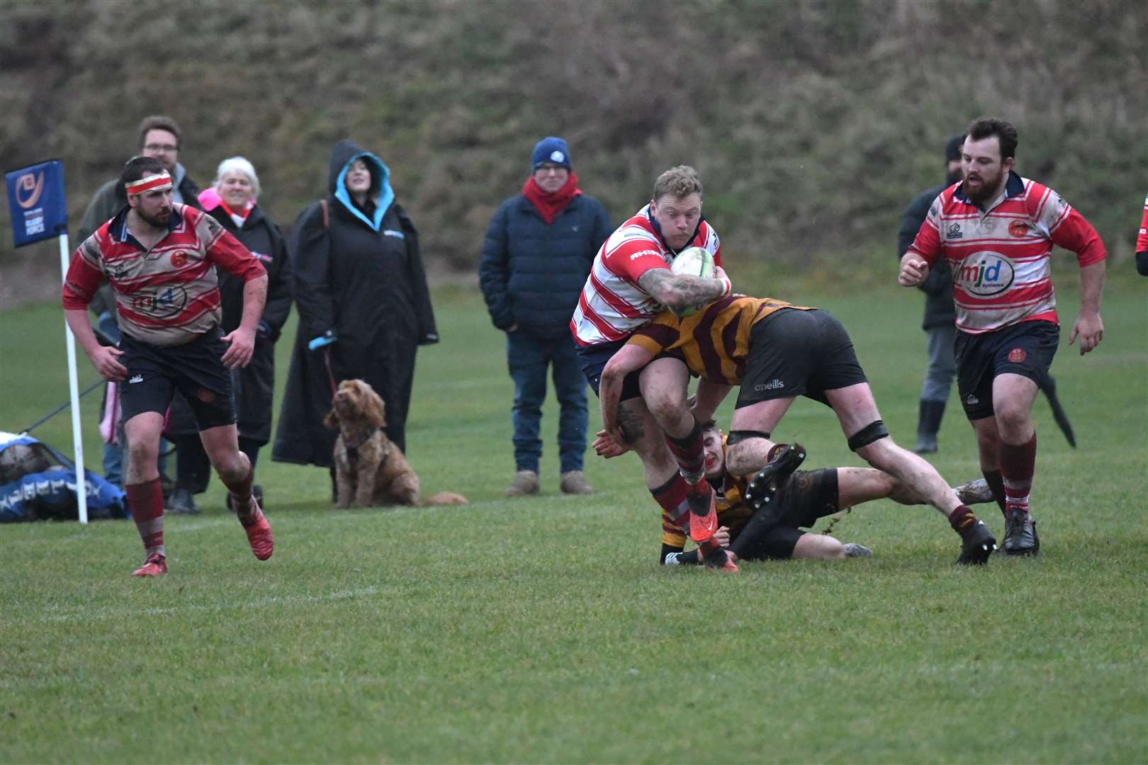 Strong tackle on Lewis Scott. John Wesmacott left and Mark Taylor right. Picture: James Officer