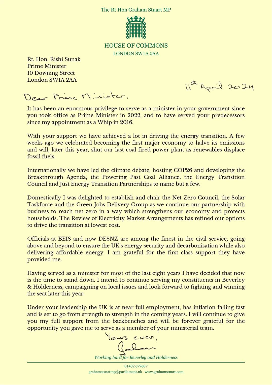 Graham Stuart’s resignation letter addressed to Prime Minister Rishi Sunak (Graham Stuart/PA)
