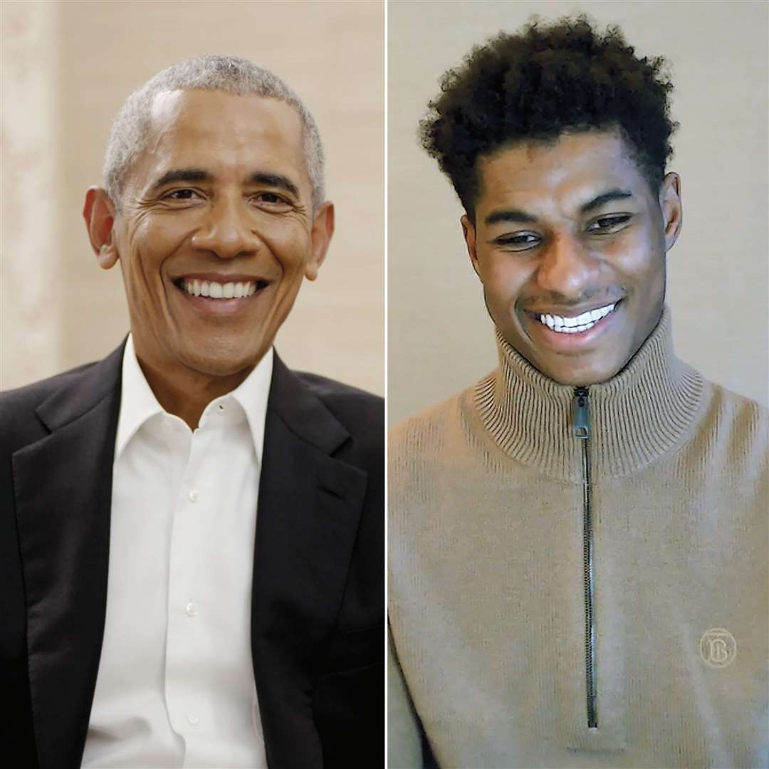 Former US president Barack Obama (left) and Marcus Rashford had a conversation on Zoom earlier this year discussing the power young people can have to make change in society (Penguin Random House/PA)