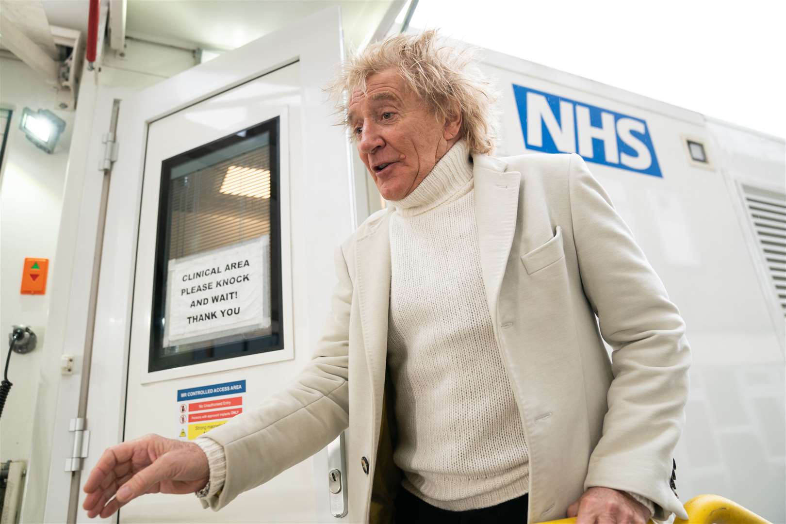 Sir Rod Stewart during a visit to the Princess Alexandra Hospital in Harlow, Essex (Joe Giddens/PA)