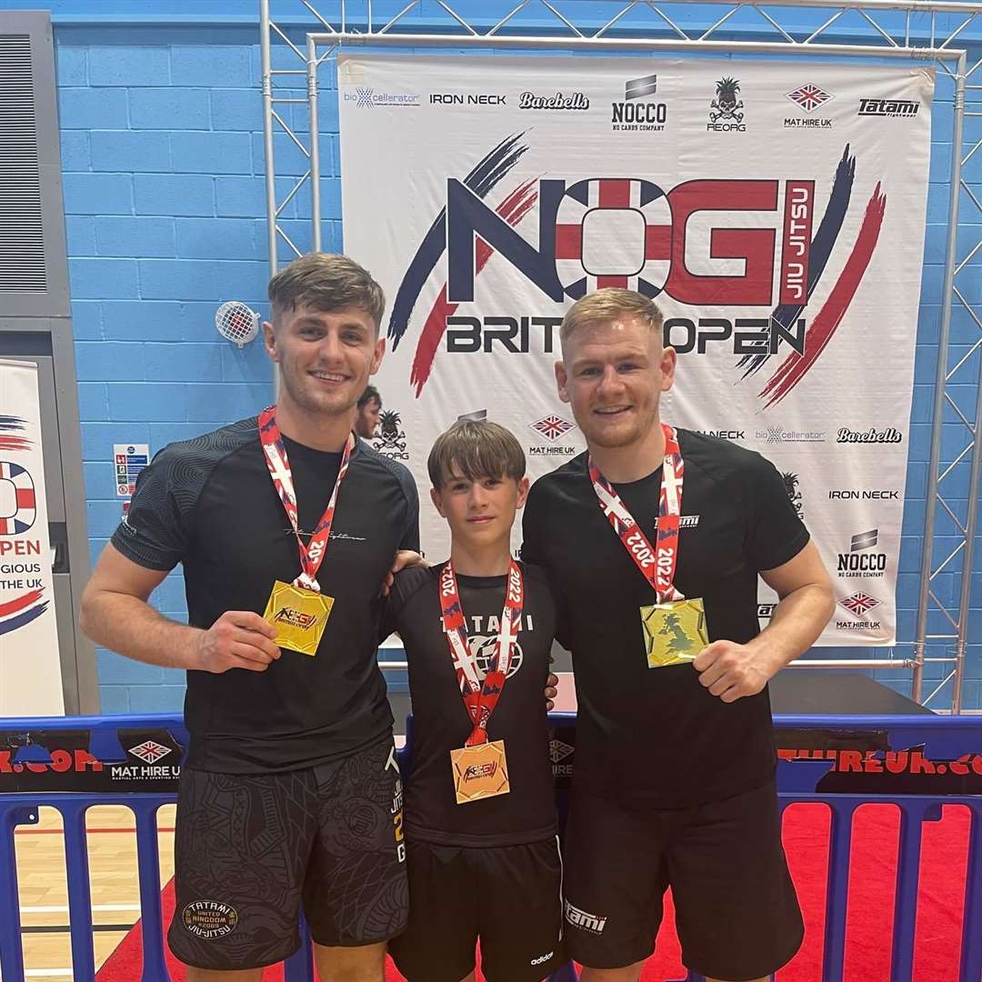 Dylan Jackson (left) and Kevin McAloon (right) won gold while young Ethan Nicolson claimed bronze at the British Open for SBG Moray