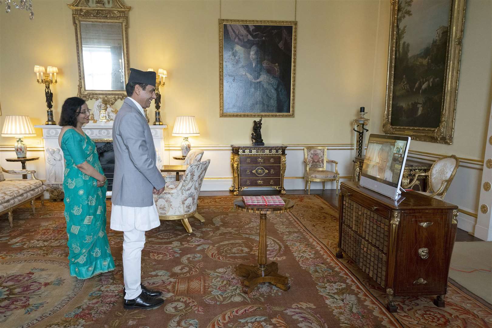 The Ambassador of Nepal, Gyan Chandra Acharya, presents his credentials to the Queen (Kirsty O’Connor/PA)