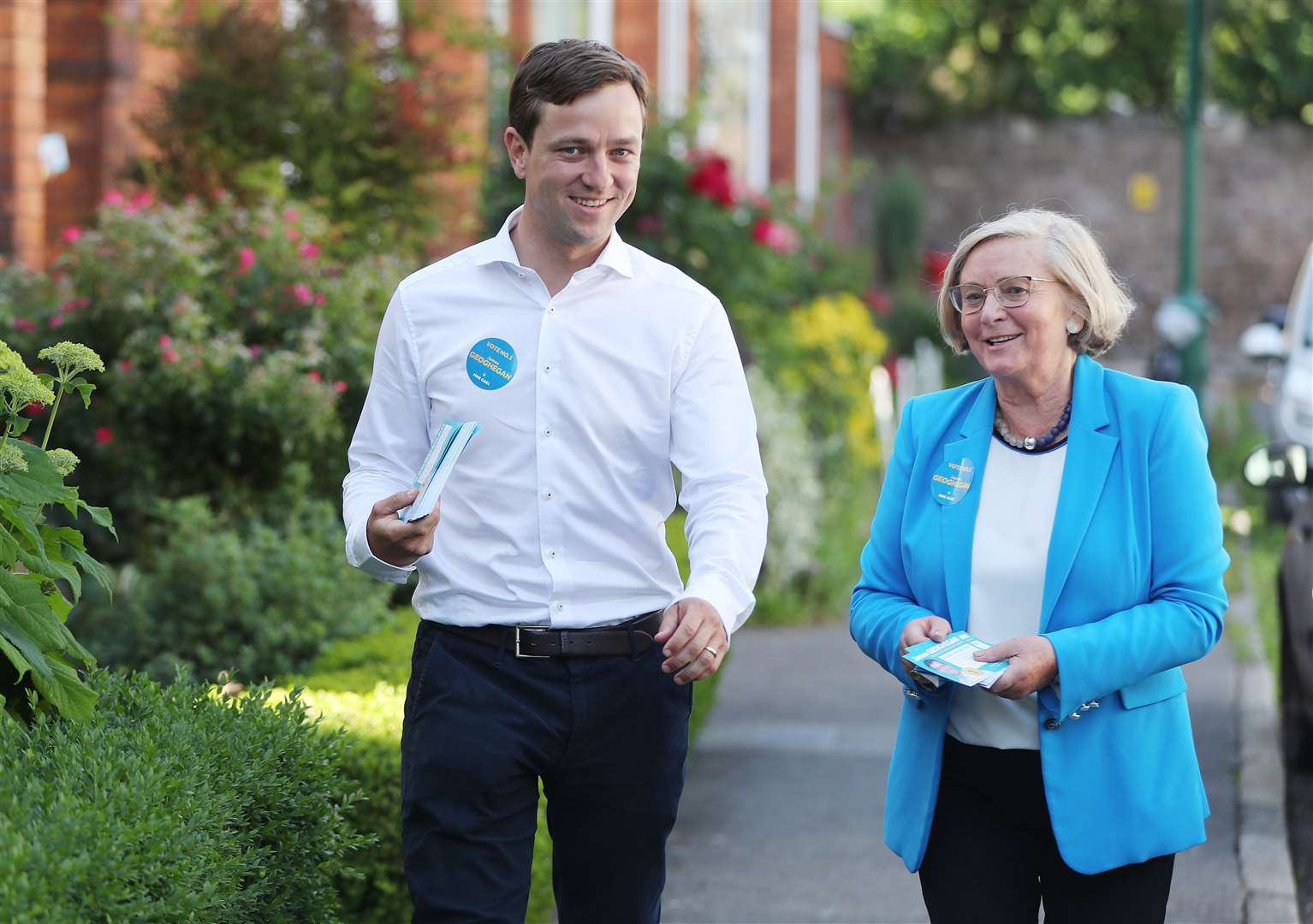 Fine Gael candidate James Geoghegan canvassing in Rathgar with MEP Frances Fitzgerald (Niall Carson/PA)