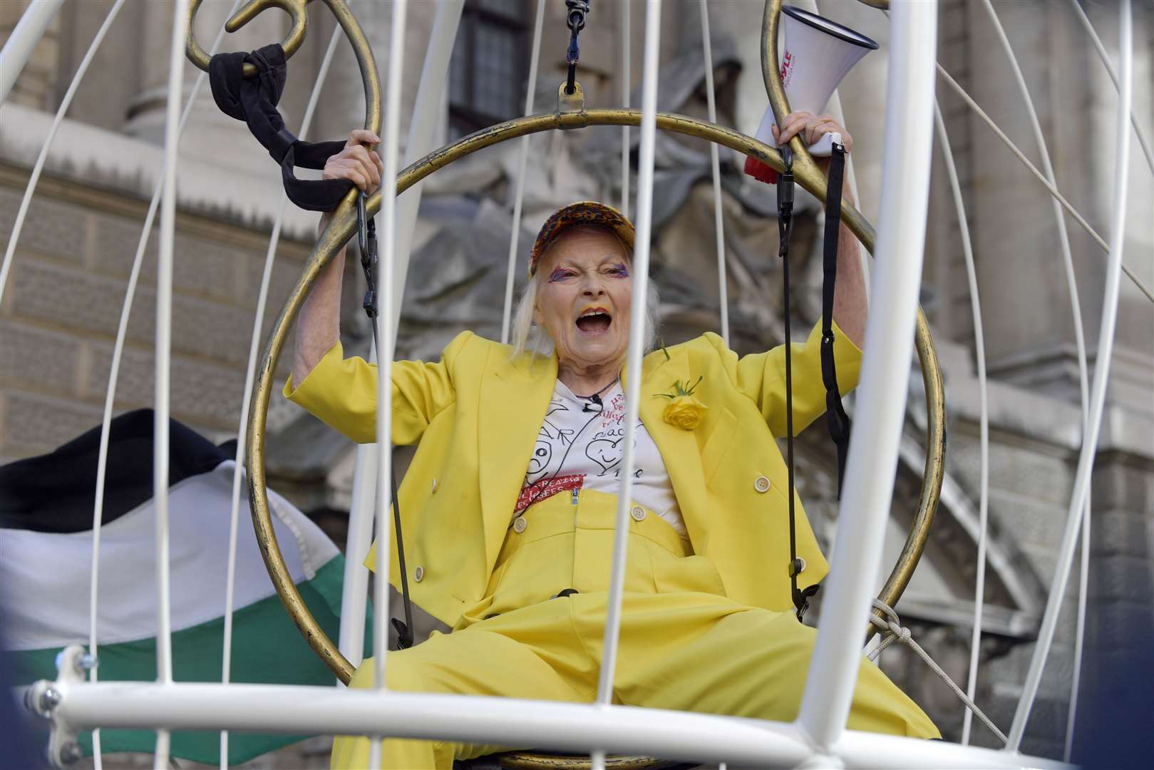 Dame Vivienne Westwood protesting against the US extradition of Julian Assange (Victoria Jones/PA)