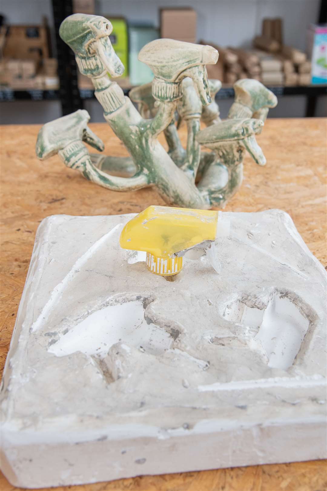 The plaster mould and one of the discarded nozzle tops which Jenny used to make her finished ceramic piece. Picture: Daniel Forsyth