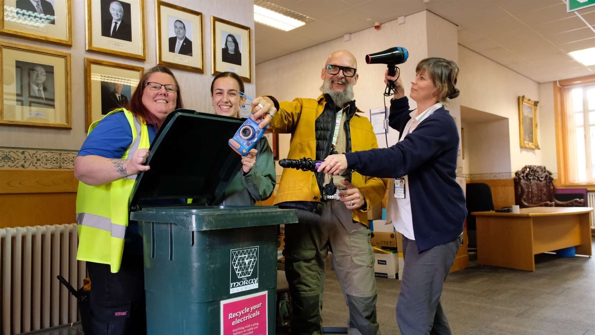 A new electrical recycling scheme has been launched by Moray Council. Councillor Draeyk van der Horn (second right) welcomed it.