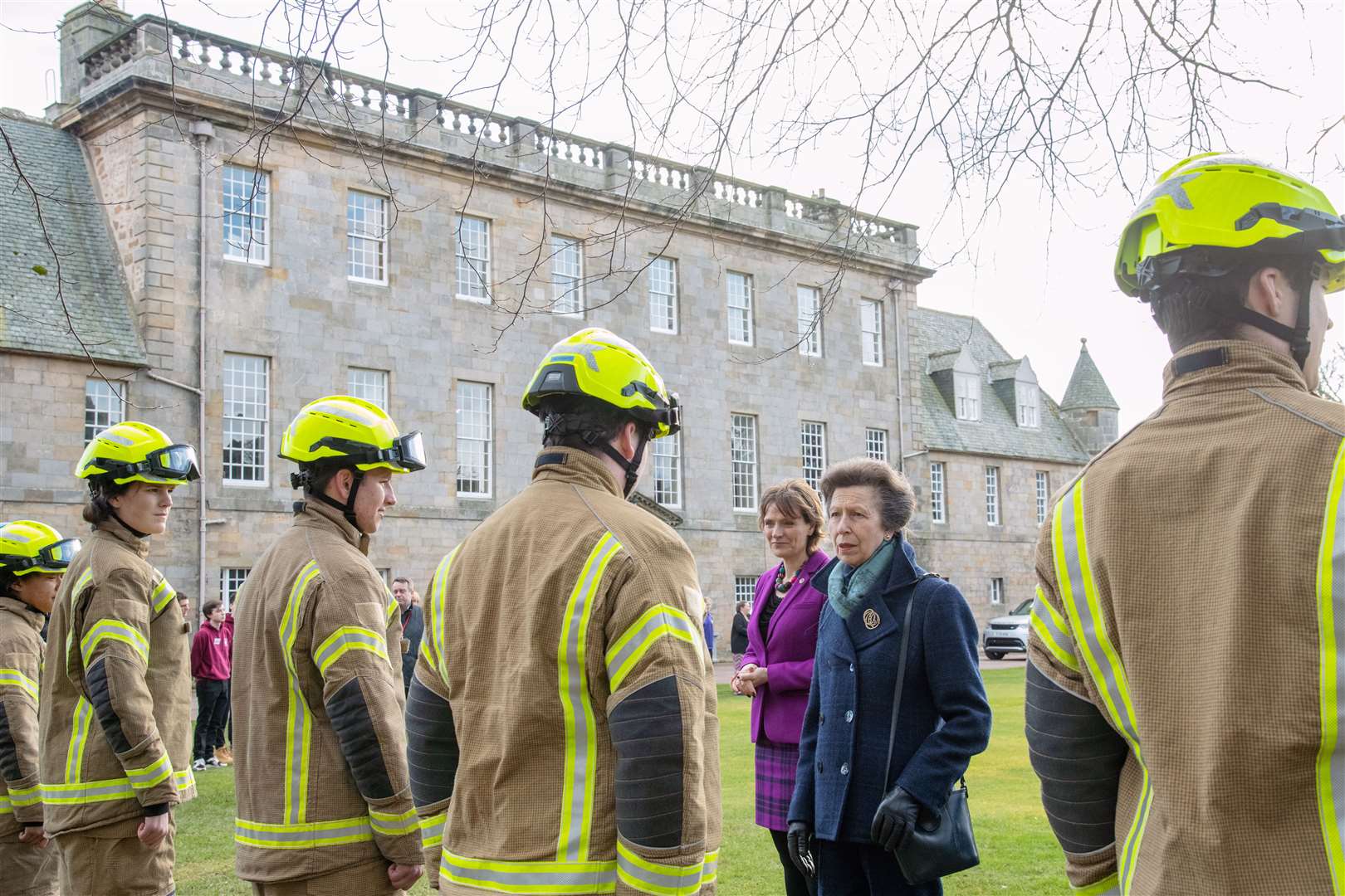 The Princess Royal meets members of the volunteer Gordonstoun fire team. Picture: Daniel Forsyth
