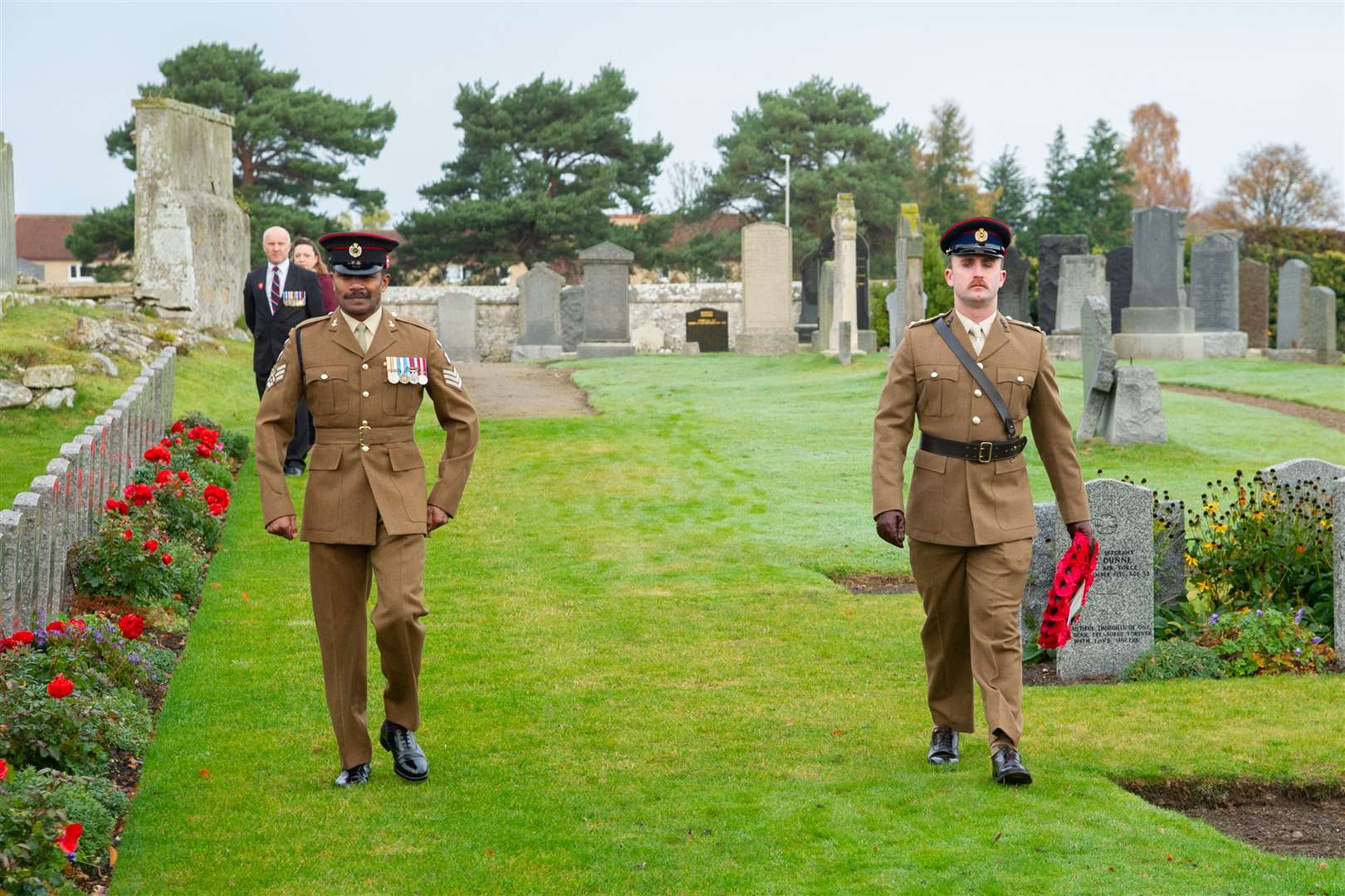 SSgt Yaravoli and Lt Lalley of the 39 Engineer Regiment lay a wreath at the Kinloss Memorial, in the grounds of the Abbey...Remembrance Sunday 2020...Picture: Daniel Forsyth..