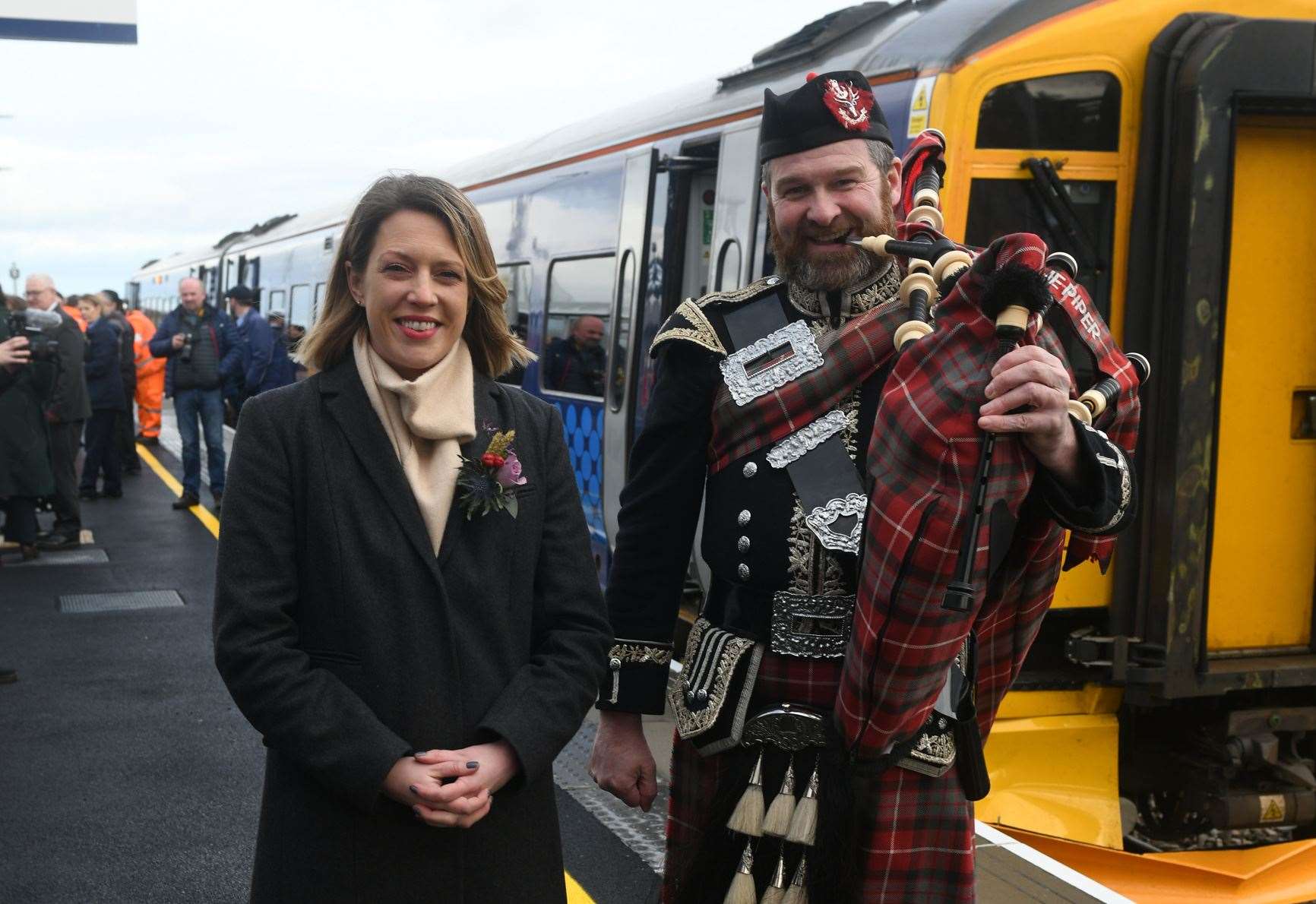 Transport Minister Jenny Gilruth with Spud the Piper. Picture: James Mackenzie.
