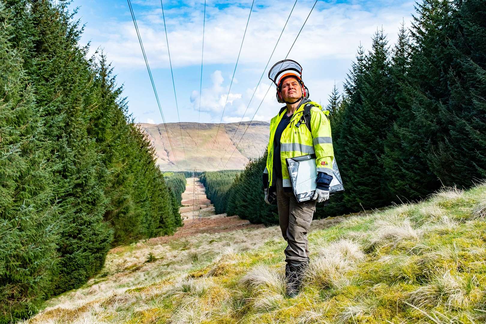 SSEN Resilience Surveyor, Matthew Wade conducting a power line survey. ©Stuart Nicol Photography 2022