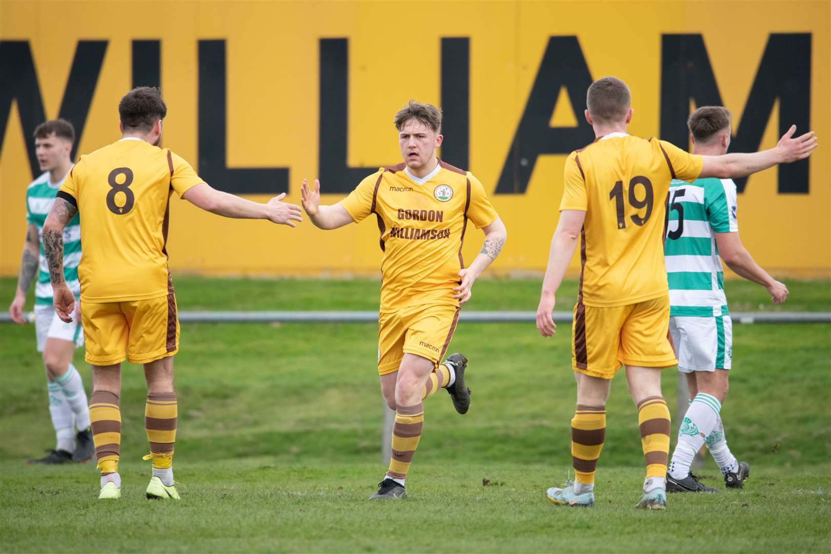 Forres' Shaun Morrison after his goal. ..Forres Mechanics FC (2) vs Buckie Thistle FC (3) - Highland Football League 22/23 - Mosset Park, Forres 01/04/23...Picture: Daniel Forsyth..