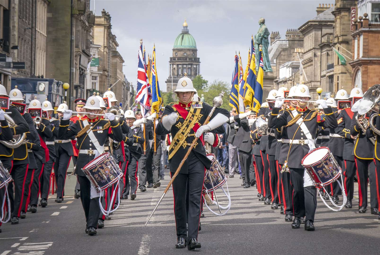 The Royal Marines Band lead Falklands veterans and members of the wider armed forces community, during a parade in Edinburgh (Jane Barlow/PA)