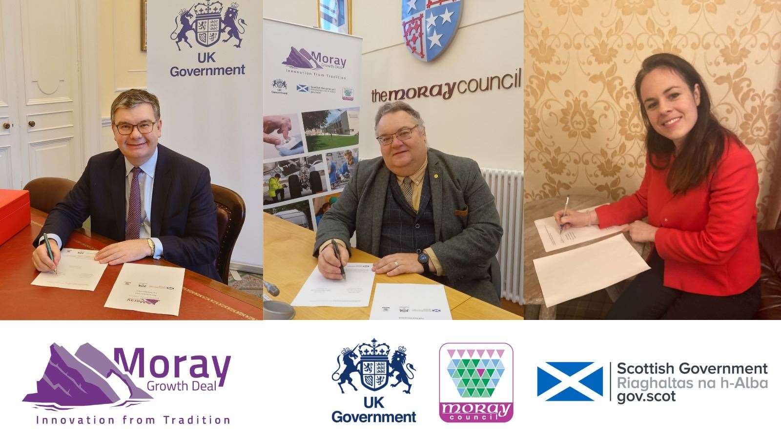 UK Government Minister for Scotland Iain Stewart (left), Moray Council leader Graham Leadbitter, and Scottish Government Economy Secretary Kate Forbes during the virtual signing of the Moray Growth Deal.