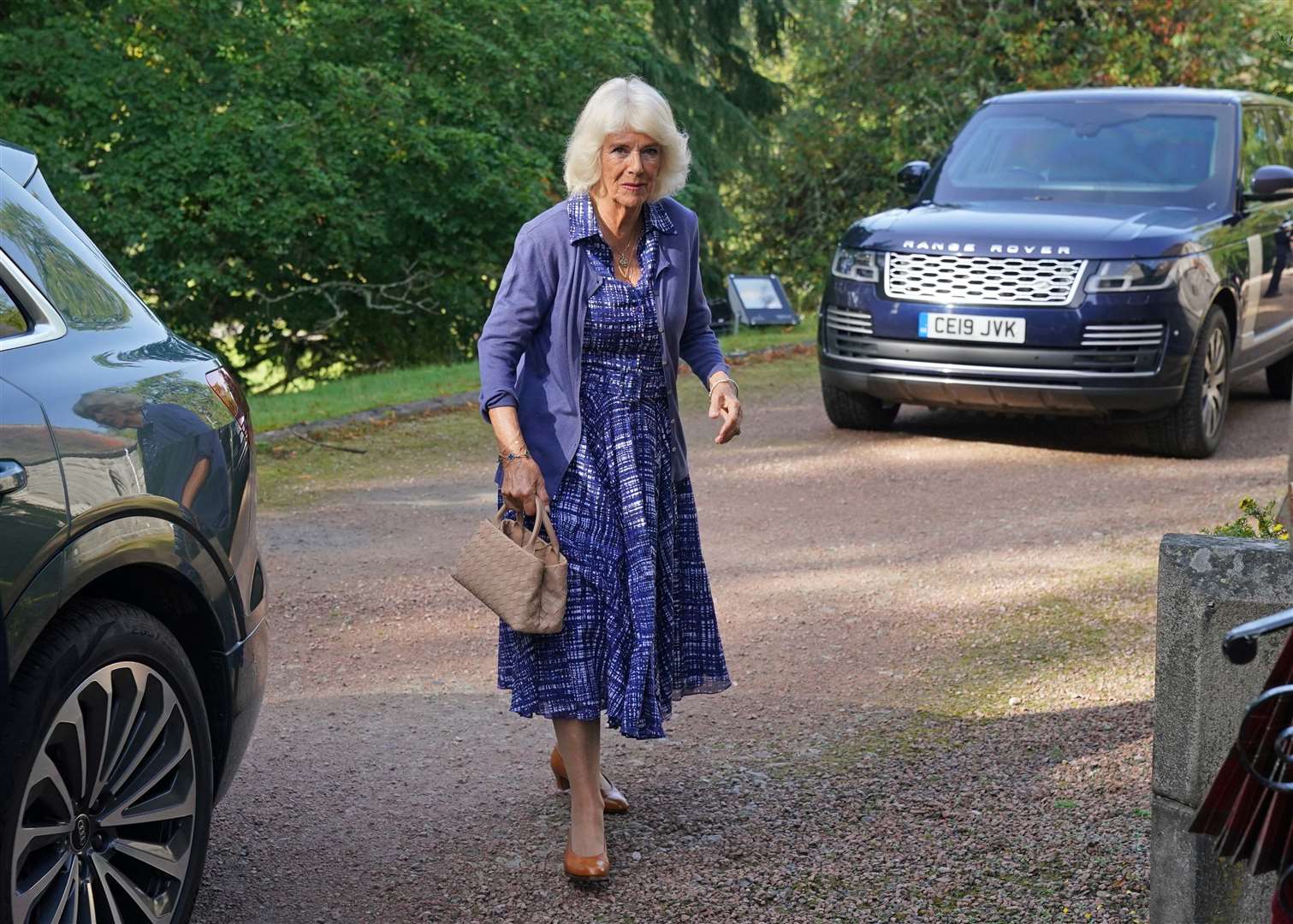 Queen Camilla arrives at Crathie Parish Church, near Balmoral, for a church service, to mark the first anniversary of the death of Queen Elizabeth II (Andrew Milligan/PA)