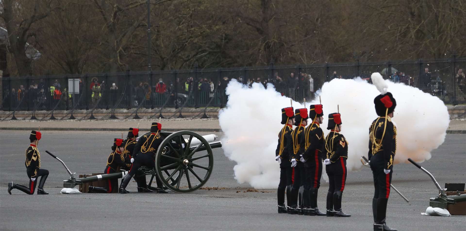 Members of the King’s Troop Royal Horse Artillery fire a 41-round gun salute at Woolwich Barracks (Alastair Grant/PA)