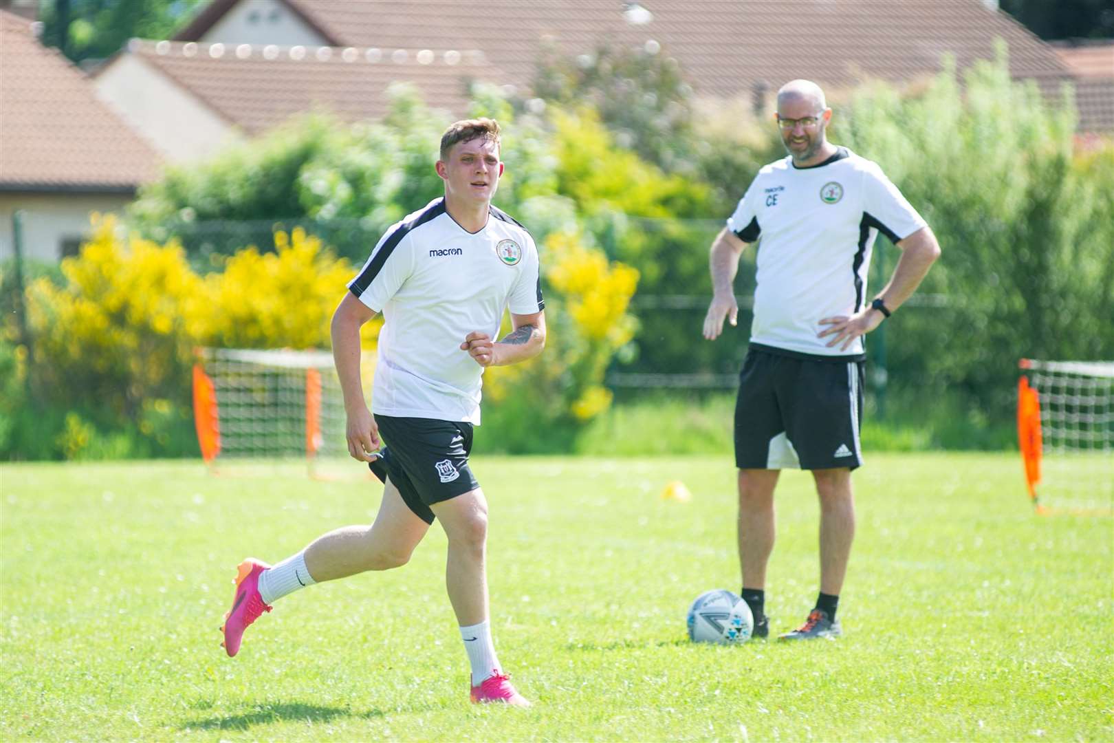 Owen Loveland, with assistant manager Craig Ewen watching on...Forres Mechanics return to training ahead of the 2021/22 Highland Football League season...Picture: Daniel Forsyth..