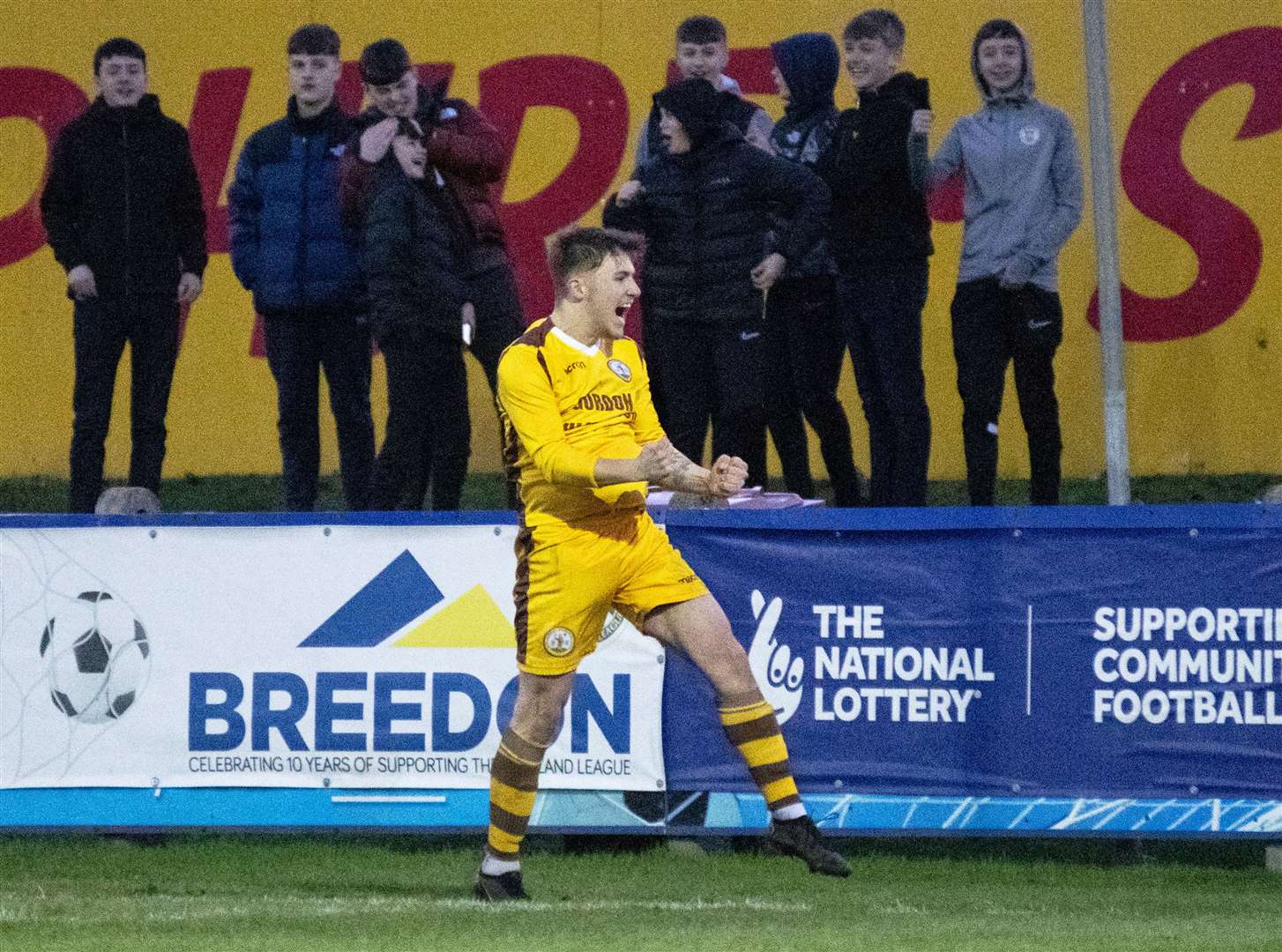 Forres Mechanics' Shaun Morrison celebrates his second half volley in front of the Cans young team...Forres Mechanics FC (8) vs Strathspey Thistle FC (1) - Highland Football League 22/23 - Mosset Park, Forres 07/01/23...Picture: Daniel Forsyth..
