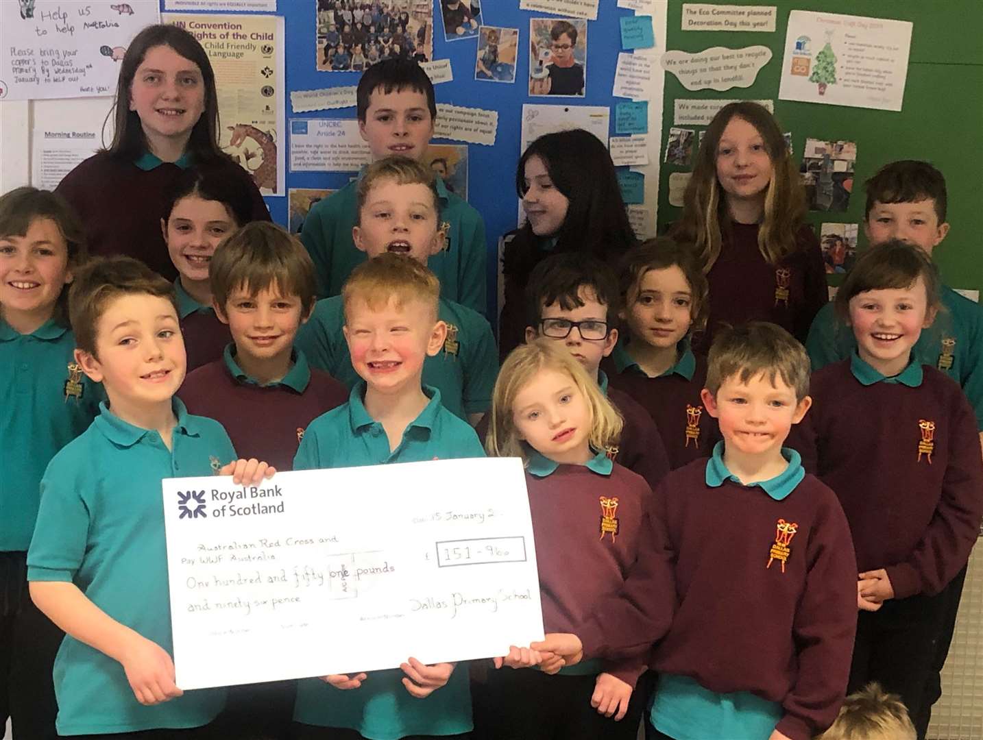 Dallas Primary Rights Respecting School Group with their cheque for charity.