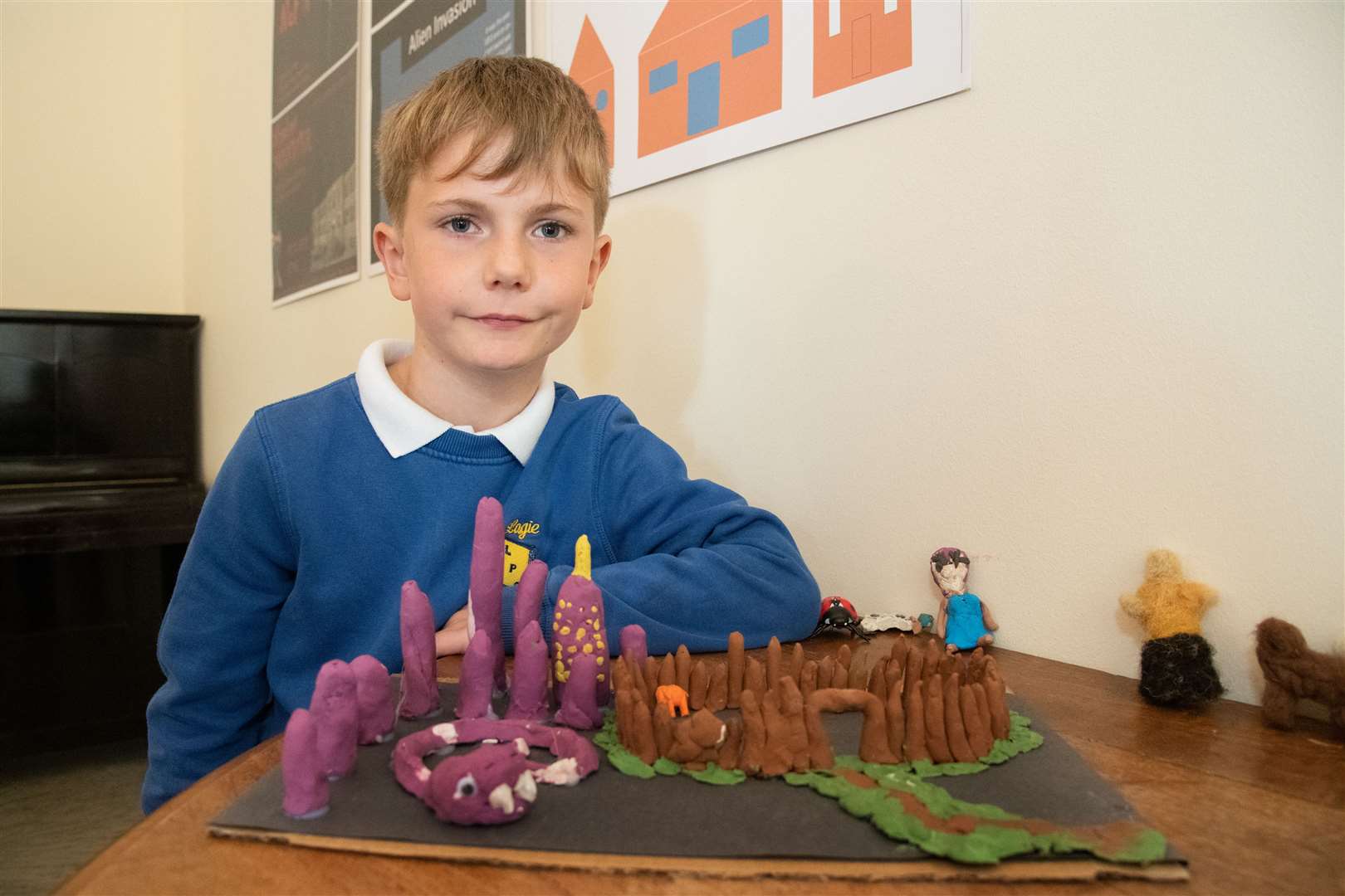 Leo Milne from Logie Primary with a model for their film. Picture: Daniel Forsyth